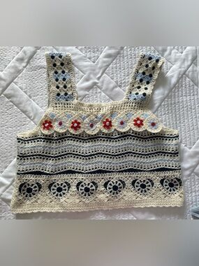 Crochet Tank Top in Cream, Navy & Red Accents